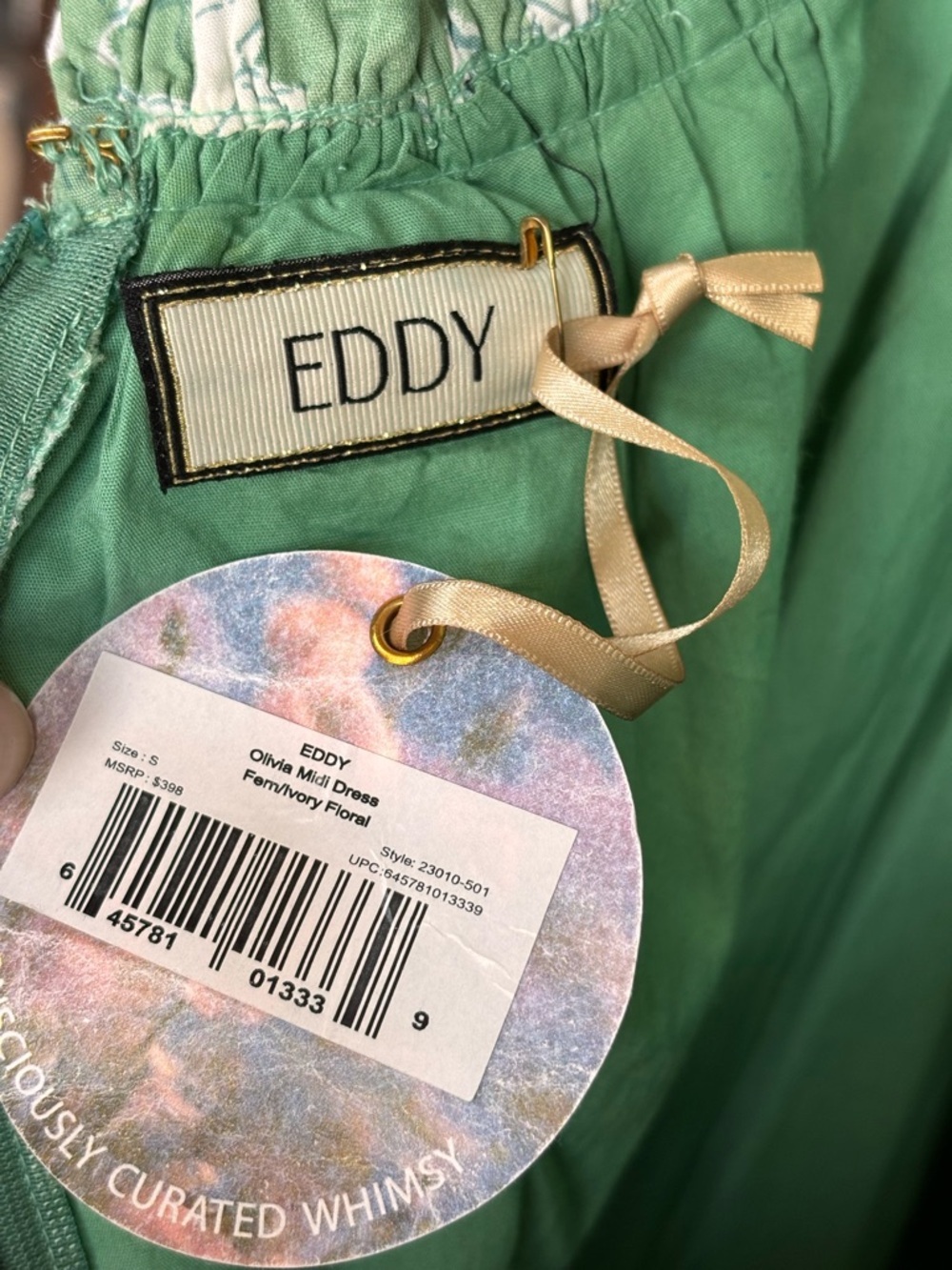 EDDY Olivia Midi Dress Green Ivory Floral Puff Sleeve Bow Back NWT Size S - Picture 15 of 15